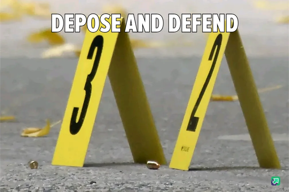 Two yellow evidence markers labeled '3' and '2' are stuck in asphalt, with two bullet casings lying on the ground between…