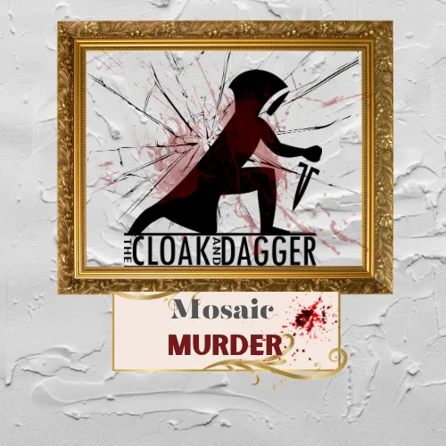 A framed image shows a black silhouette of a figure in a cloak holding a dagger, with red splatters and cracks radiating…