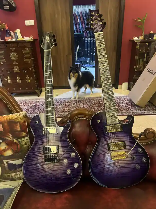Two purple electric guitars with gold hardware sit side-by-side on a red leather couch, facing forward. In the background, a…