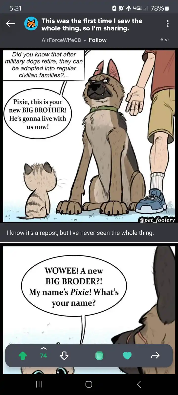 A two-panel comic shows a small tabby kitten named Pixie meeting a large, intimidating military working dog. The human…