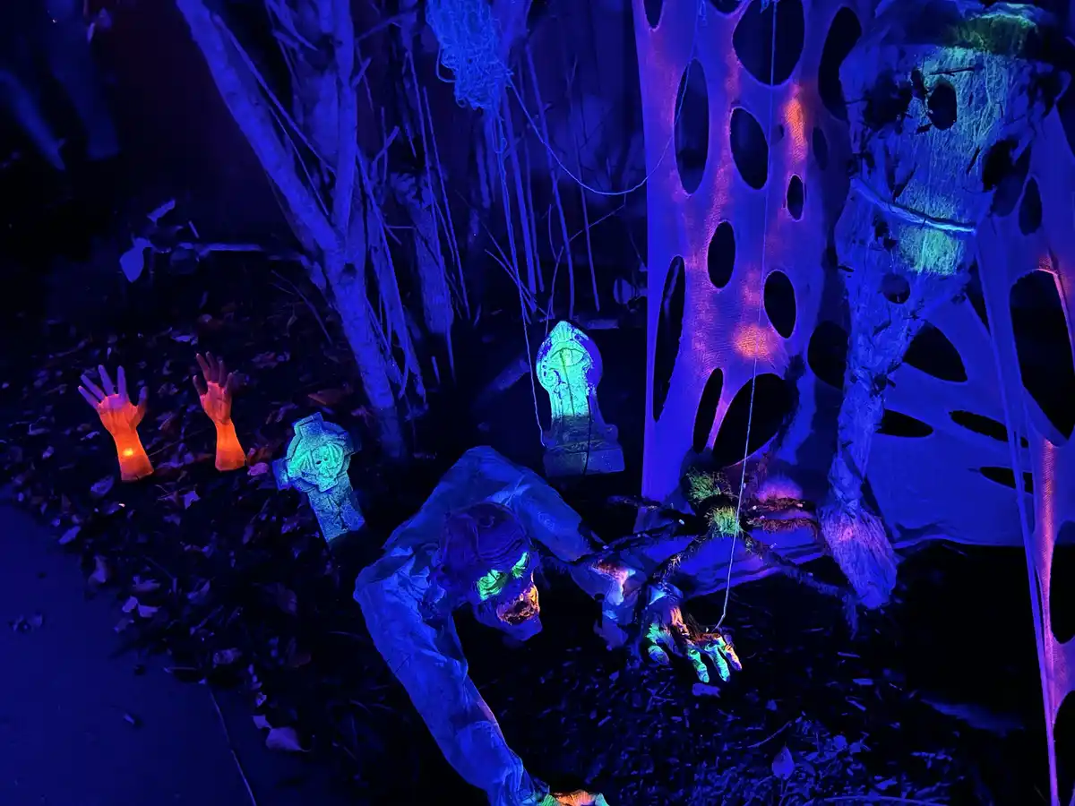 A dark, eerie scene illuminated by blacklight, featuring glowing Halloween decorations including zombie hands, tombstones, a…