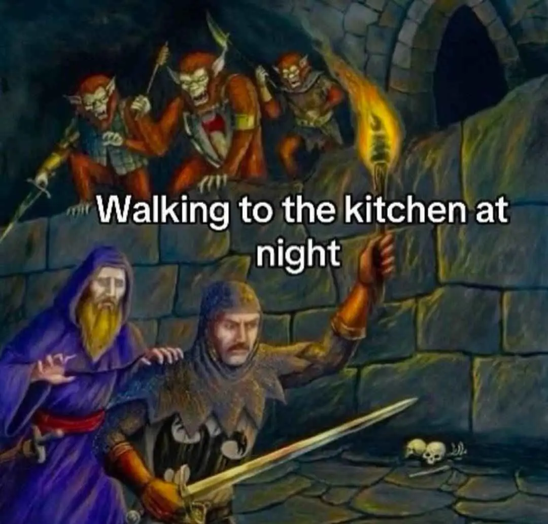 A fantasy painting depicts two armored adventurers, one holding a sword and torch, walking through a stone corridor at night…