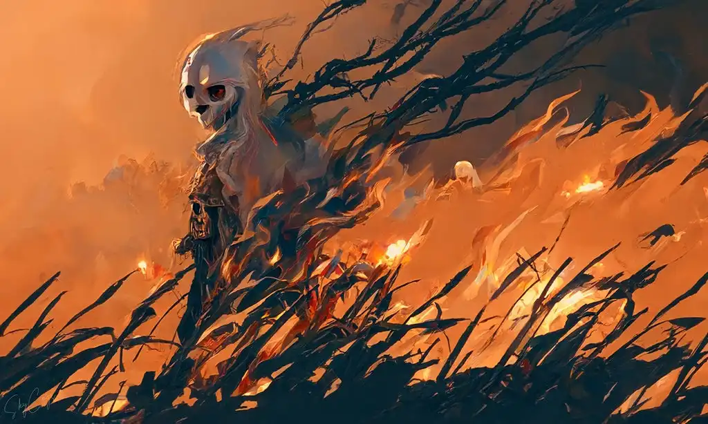 A skeletal figure with glowing red eyes stands amidst a fiery, apocalyptic landscape of burning grass and twisted branches…