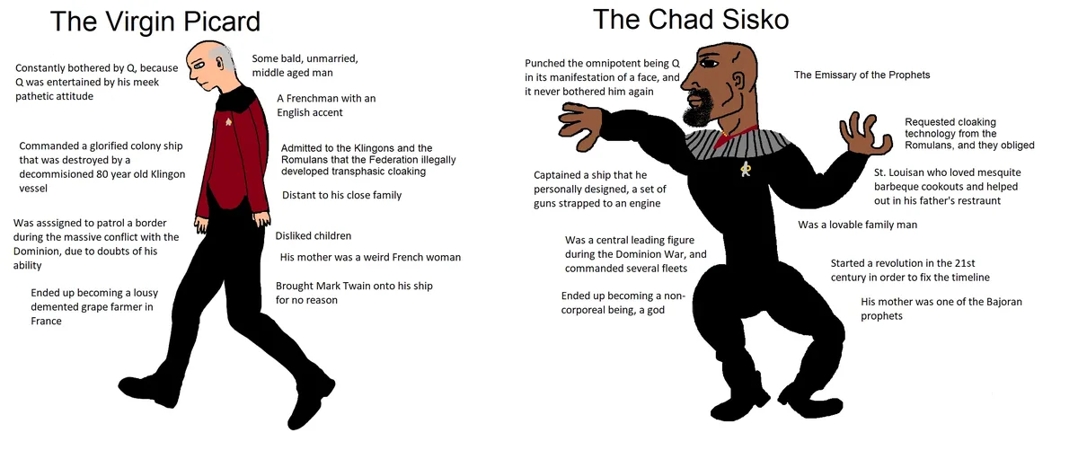 The image contrasts two Star Trek characters, 'The Virgin Picard' and 'The Chad Sisko', each with a list of absurd or…