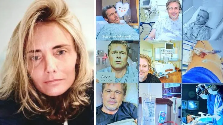 A split image shows a woman on the left and a collage of photos on the right. The collage features Brad Pitt in various…