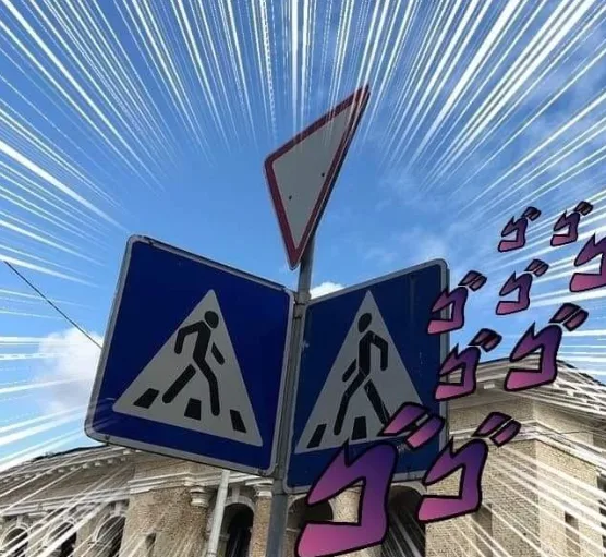 Two blue pedestrian crossing signs are mounted on a pole against a bright blue sky with white radial lines radiating…