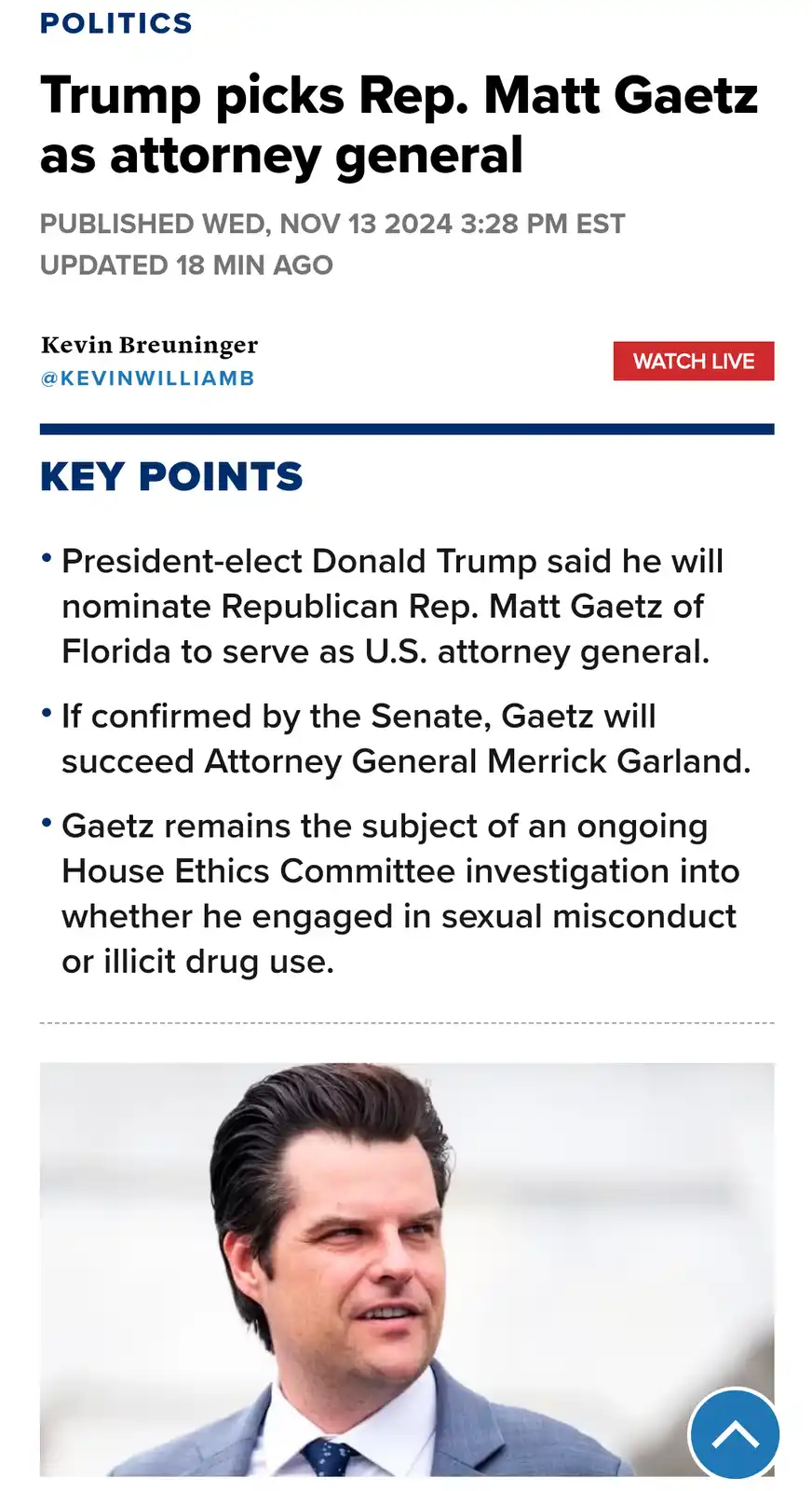 A screenshot of a news article about Donald Trump nominating Matt Gaetz as attorney general, featuring a photo of Gaetz in a…