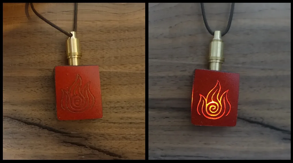 The image shows a split-screen comparison of a red leather pendant with a flame design. On the left, the pendant is unlit…