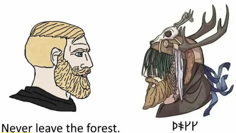 The image shows two side-by-side cartoon busts. On the left, a clean-shaven man with a neatly trimmed beard and a modern…