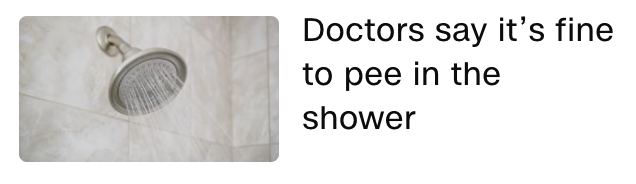 A close-up photo of a showerhead spraying water onto tiled walls. Overlaid text reads: 'Doctors say it's fine to pee in the…