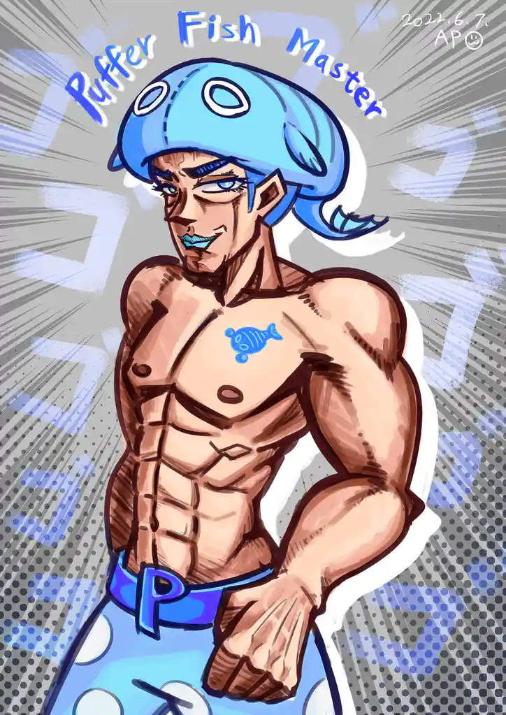 A muscular anime-style man with blue hair and a blue pufferfish-themed helmet and outfit, featuring a fish tattoo on his…