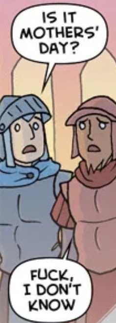 Two medieval-style armored figures stand side by side, one asking in a speech bubble if it's Mother's Day, while the other…