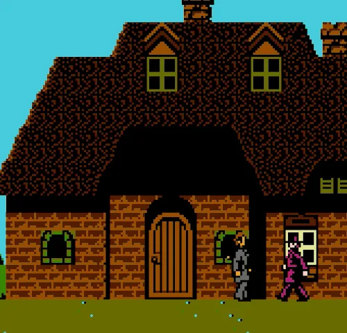 A pixel art image shows a split-screen sequence from a retro video game. The top row depicts two characters walking toward a…