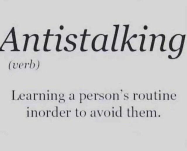 The image displays a dictionary-style definition with the word 'Antistalking' in large font, labeled as a verb, followed by…