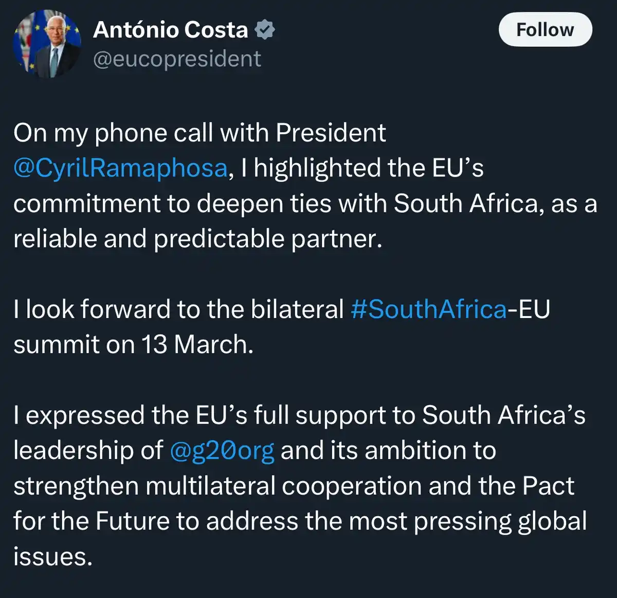 A screenshot of a tweet from António Costa, verified EU president account, announcing a phone call with South African…