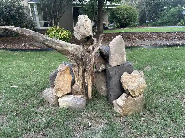 A weathered, gnarled tree branch is arranged upright in a grassy yard, surrounded by various rocks and stones stacked around…