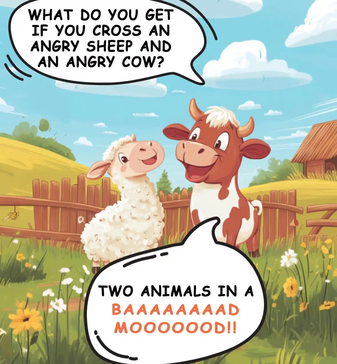 A cartoon sheep and cow stand in a sunny field with a wooden fence and farmhouse in the background. The sheep asks in a…
