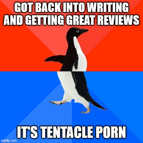 A penguin stands in a split-screen image with a red top half and blue bottom half. White bold text at the top reads 'GOT…
