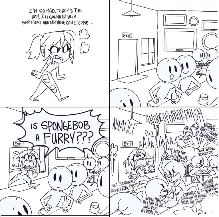 A four-panel comic shows a frustrated character declaring they'll start a bar fight. They enter a bar full of simple…