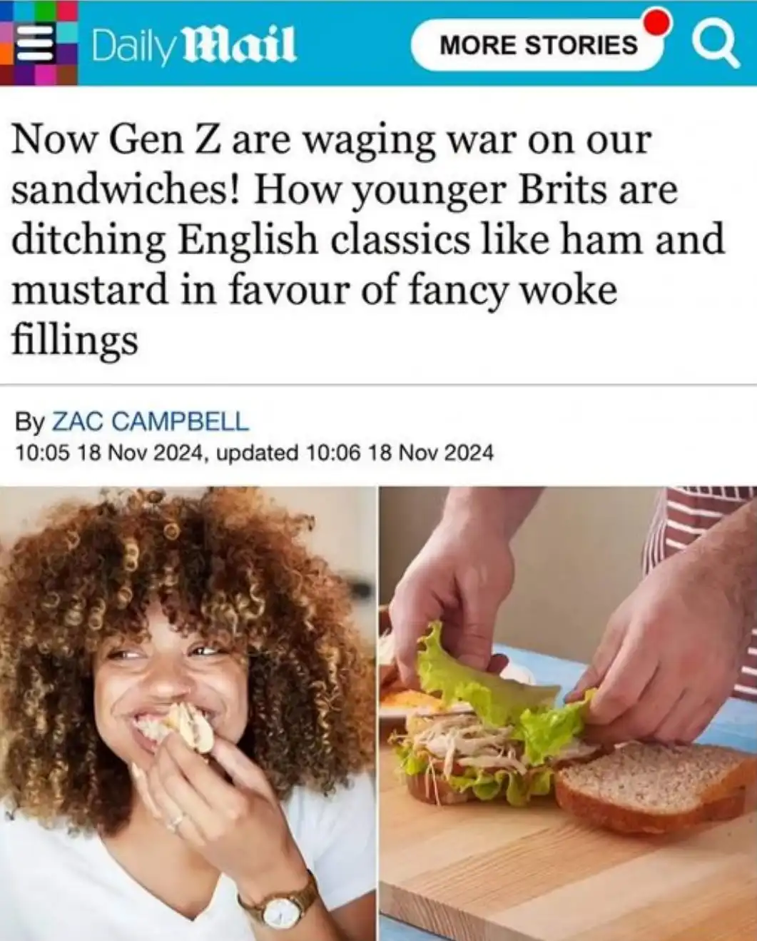The image displays a screenshot of a Daily Mail article with a headline about Gen Z changing sandwich preferences. The…