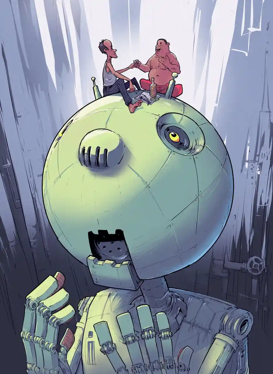 Two men are sitting on the head of a large, green, spherical robot, drinking and laughing while the robot's single visible…
