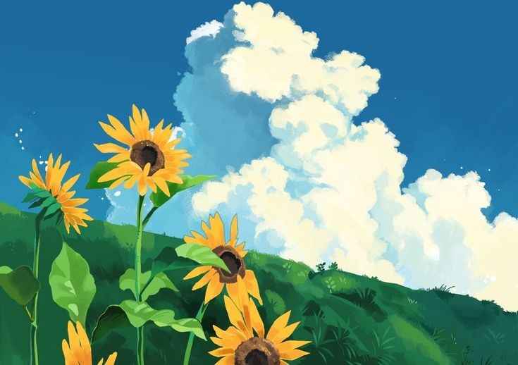A serene illustration of sunflowers growing on a green hill under a bright blue sky with fluffy white clouds. Overlaid text…