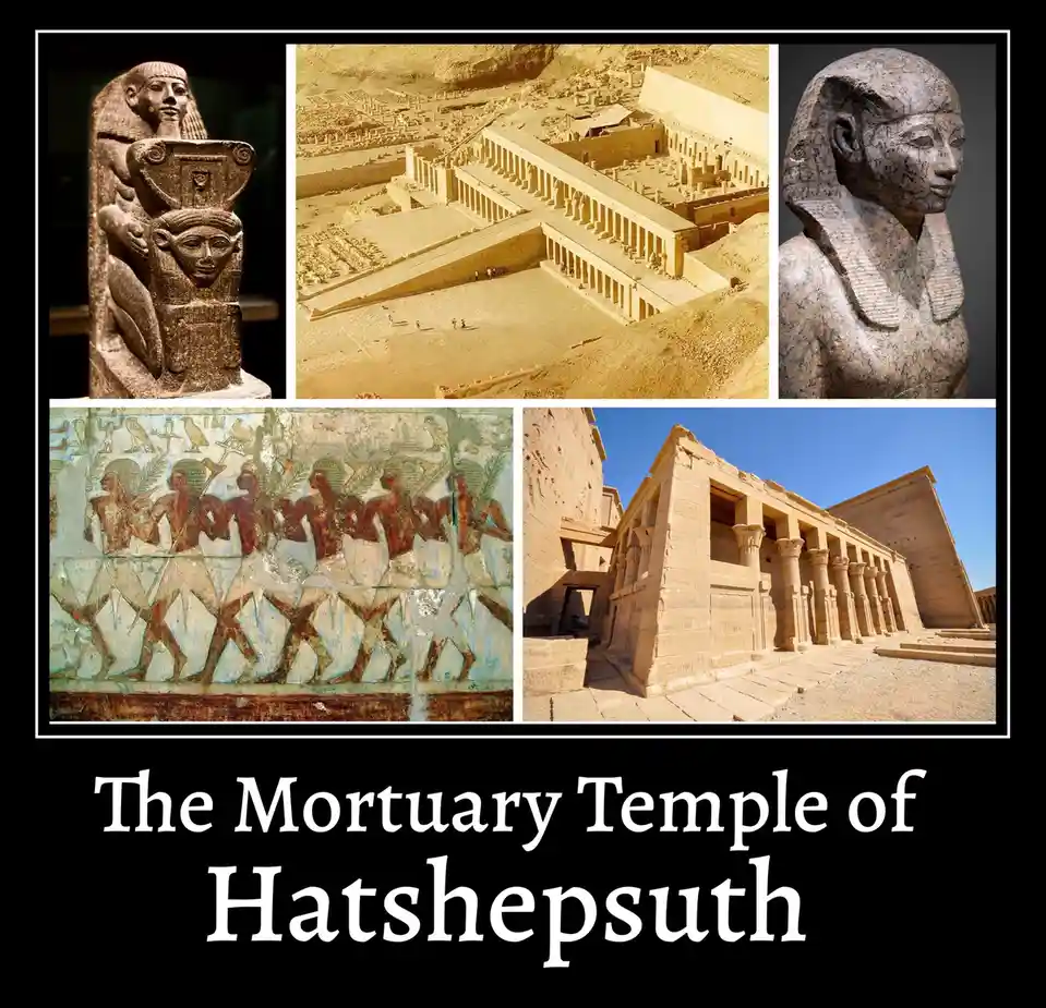 A collage of five images showcasing ancient Egyptian artifacts and architecture, including a statue with a sphinx head, an…