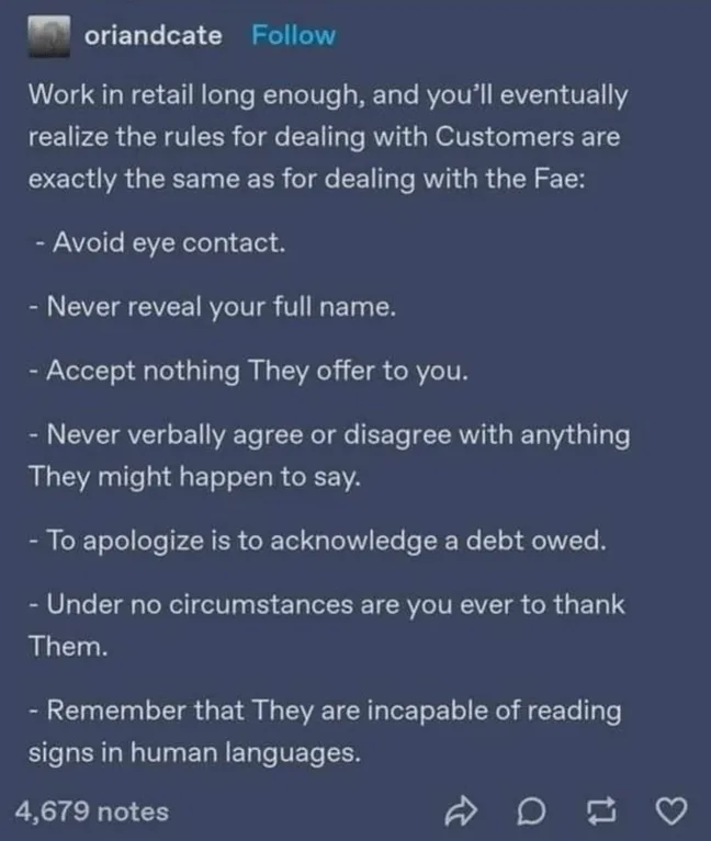A screenshot of a social media post with white text on a dark blue background. The text humorously lists rules for dealing…