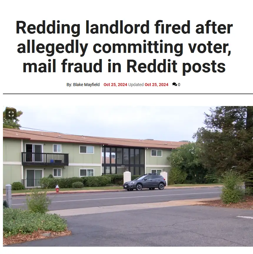 The image shows a news article headline overlaid on a photo of a light green apartment building with a dark gray SUV parked…