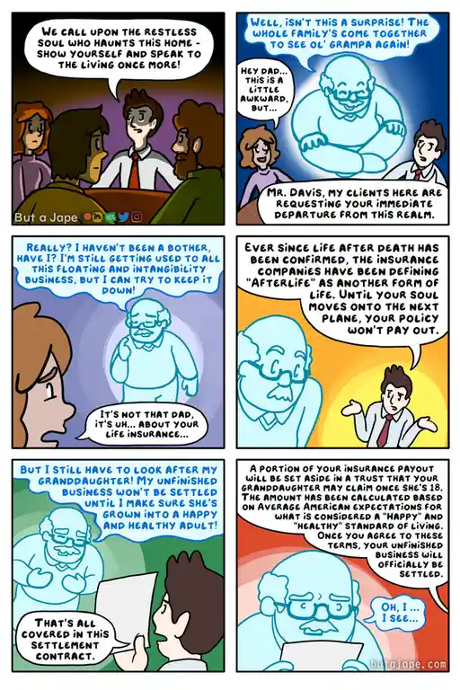 A six-panel comic strip shows a family summoning a deceased grandfather, who appears as a translucent ghost. They explain…