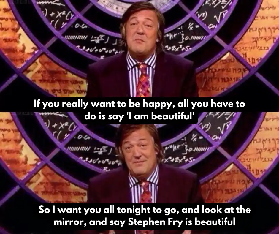 A split-screen image of Stephen Fry, wearing a suit and tie, against a backdrop of a circular stained-glass window filled…