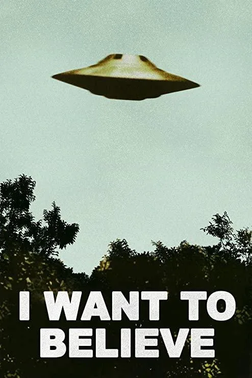A vintage-style image shows a classic flying saucer hovering in a pale sky above a dark treeline. Large, bold white text at…