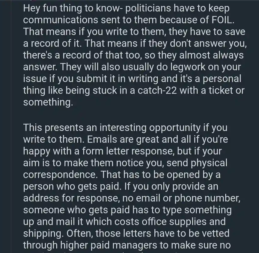 The image displays a block of white text on a dark background, detailing how writing to politicians can compel them to…