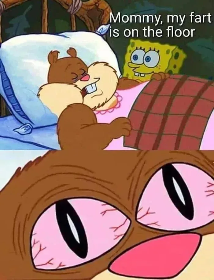 The image is split into two panels. The top panel shows SpongeBob SquarePants peeking over a bed where a cartoon bear is…