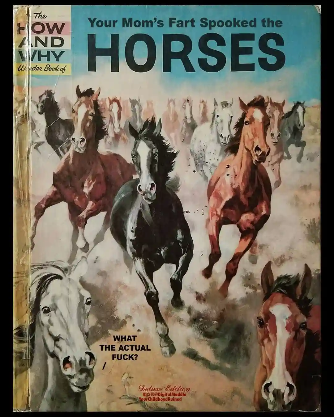 The image shows the cover of a vintage 'How and Why Wonder Book of' titled 'Your Mom's Fart Spooked the HORSES'. The cover…