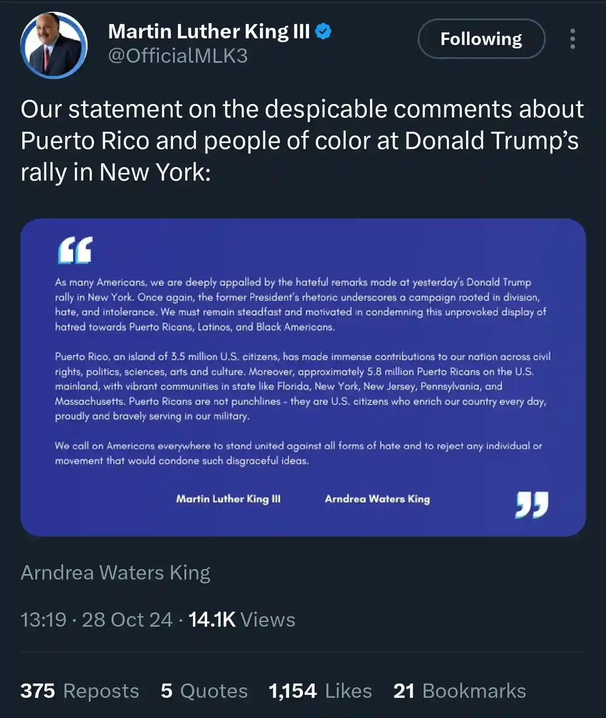 A screenshot of a tweet from Martin Luther King III's verified account, showing a formal statement condemning Donald Trump's…