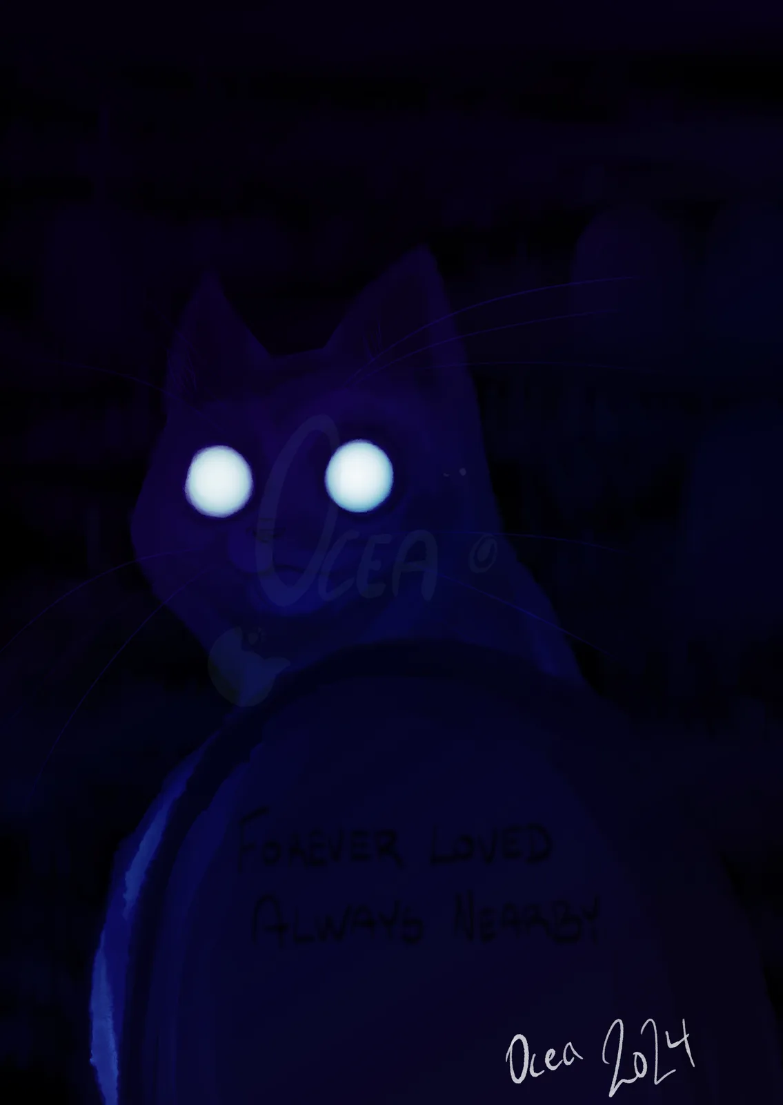 A dark, digitally rendered image shows a black cat with glowing white eyes staring forward, seemingly emerging from a dark…