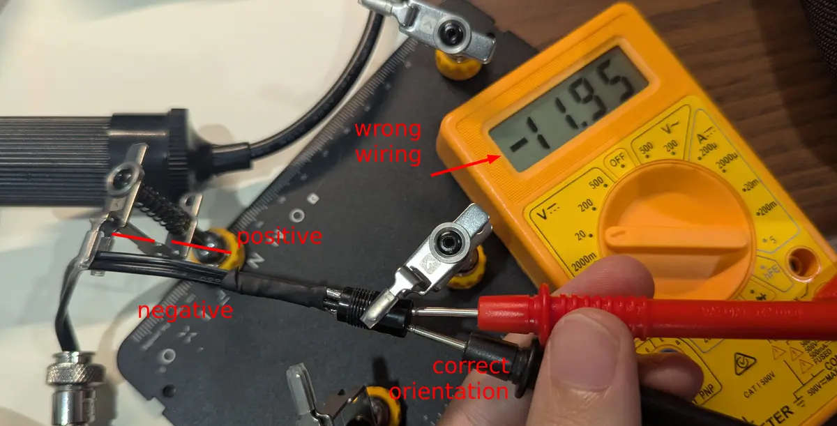 A close-up photo shows a person using a yellow digital multimeter to test a circuit. The multimeter's screen displays a…