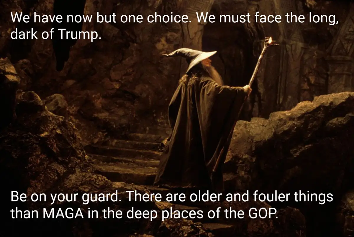 A wizard in a dark cave holding a staff, with overlaid text reading 'We have now but one choice. We must face the long, dark…