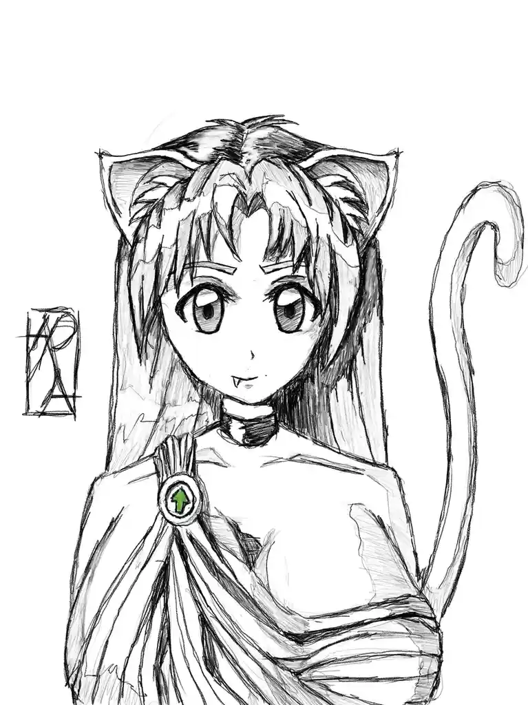 A black-and-white pencil sketch of an anime-style girl with cat ears, a cat tail, and fangs, wearing a cape with a green…