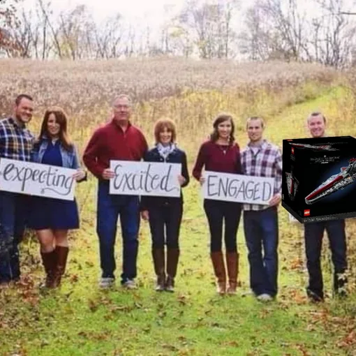 A family of six stands in a grassy field holding signs that read 'expecting', 'Excited', and 'ENGAGED' in sequence. A large…