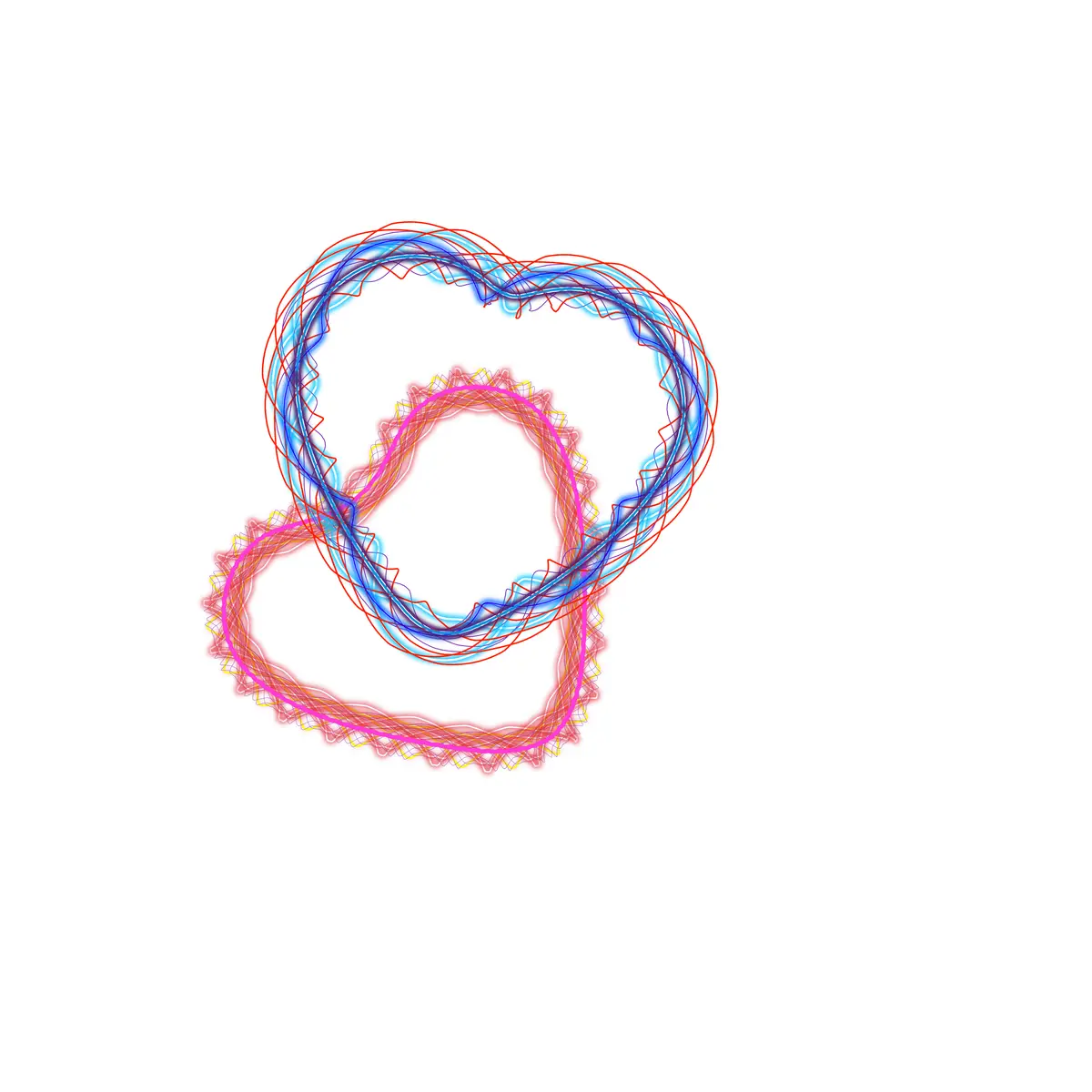 The image displays a stylized, abstract number '8' formed by overlapping, swirling lines in red, blue, and pink against a…