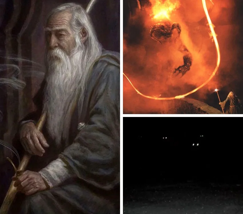 This image is a three-panel collage featuring Gandalf the Grey holding a staff, a fiery demonic face emerging from flames…