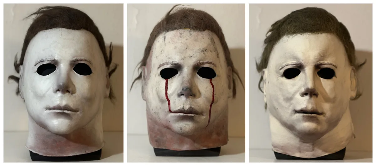 Three side-by-side photos show a Michael Myers mask in different states: pristine, with fake blood tears running down its…