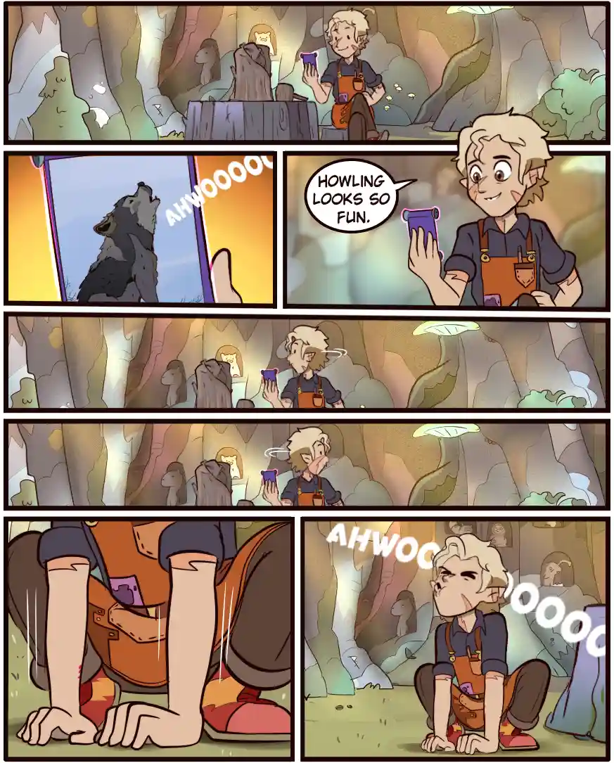 A comic strip shows a young elf-like character in overalls watching a wolf howl on their phone, thinking it looks fun. They…