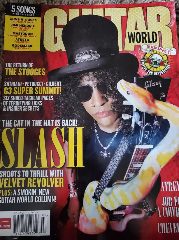 The cover of Guitar World magazine features guitarist Slash wearing a black top hat and sunglasses, holding a Gibson guitar…