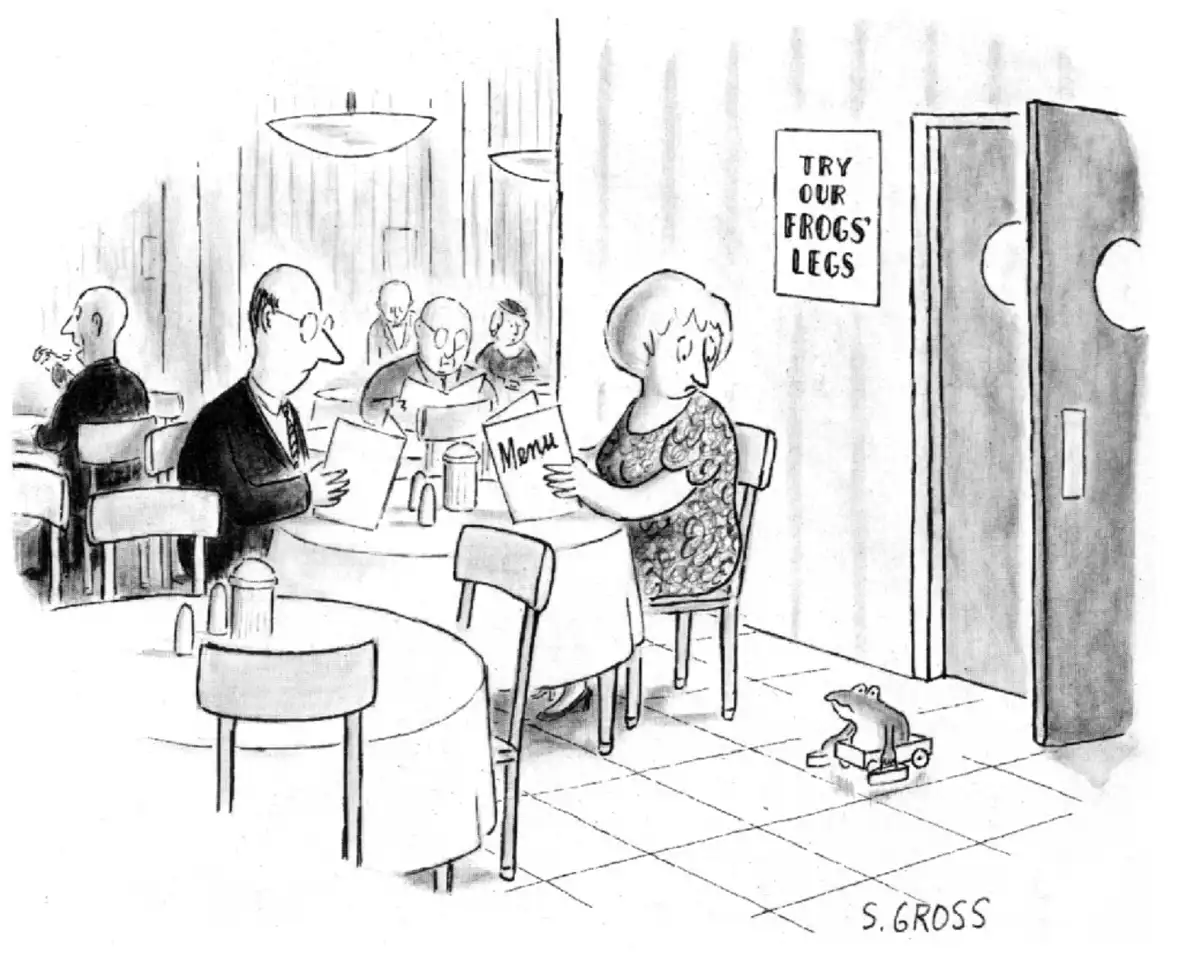 A black-and-white cartoon depicts a woman in a restaurant looking at a menu, while a small frog in a toy car sits on the…