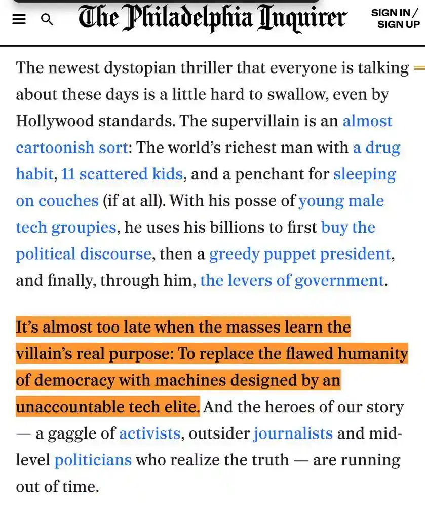 A screenshot of a Philadelphia Inquirer article describing a dystopian thriller where the villain is a billionaire with drug…