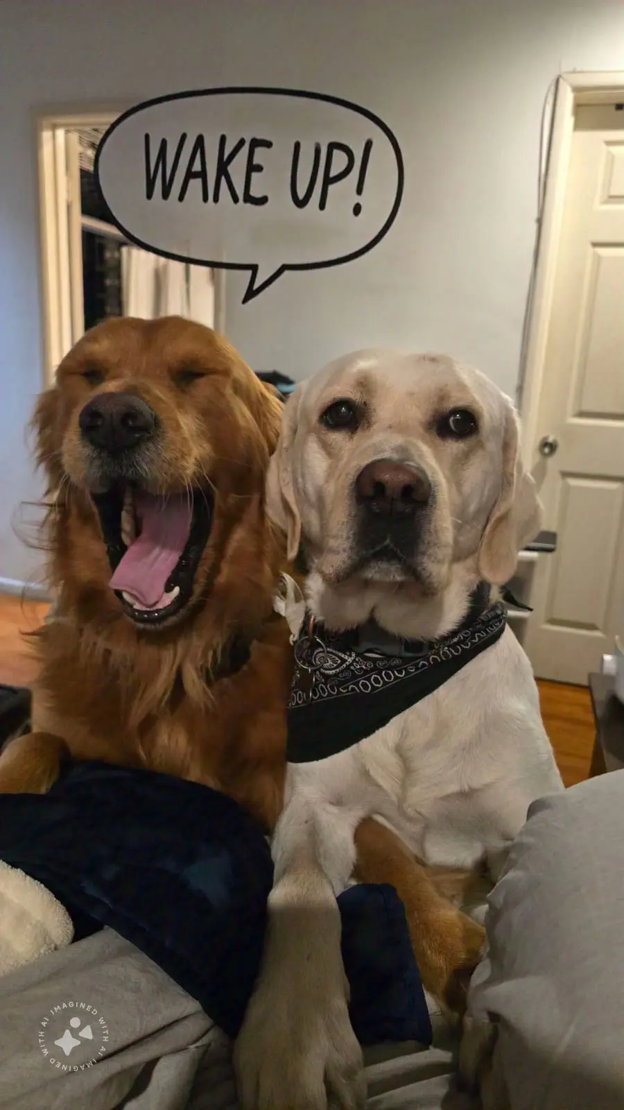 Two dogs sit side-by-side on a bed; the golden retriever on the left is yawning widely with eyes closed, while the white…