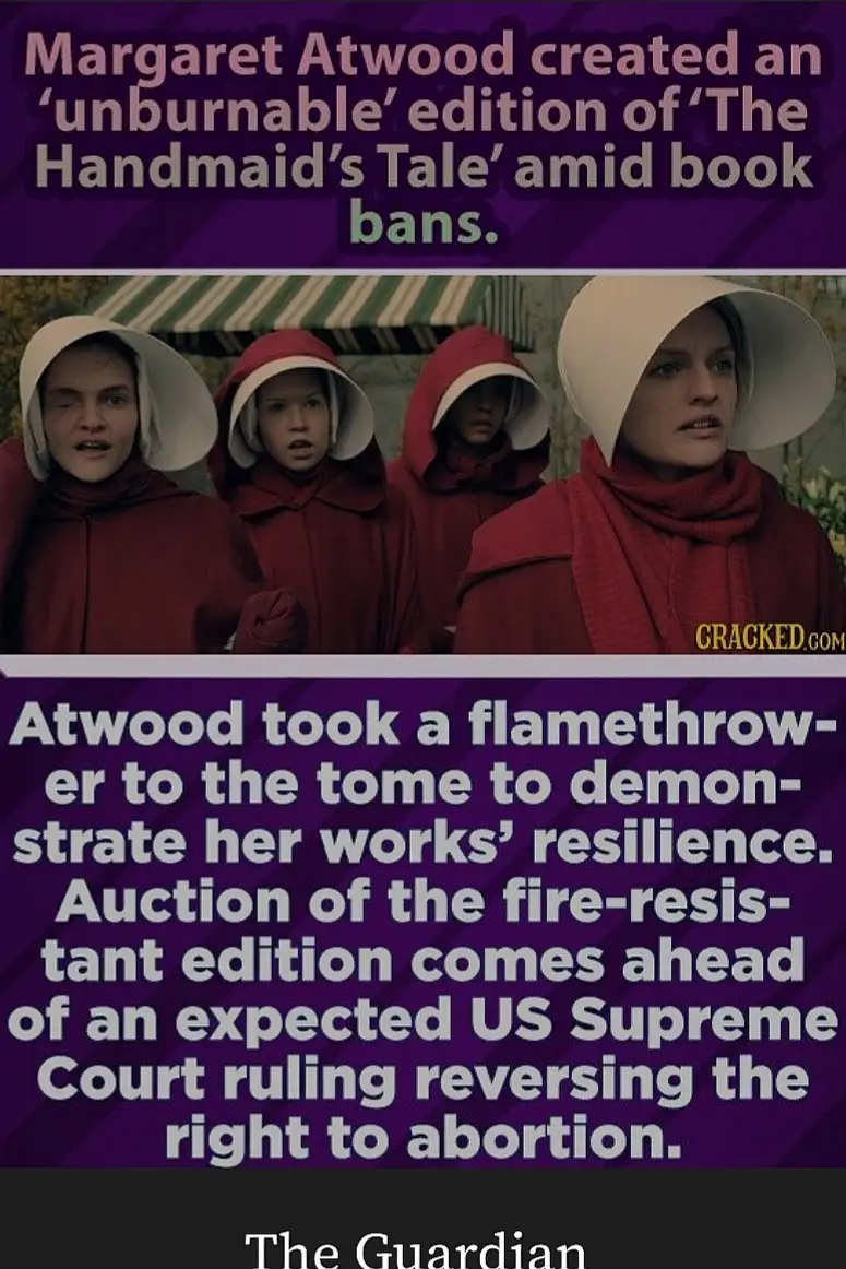 The image shows four women in red robes and white bonnets from 'The Handmaid's Tale,' with overlaid text claiming Margaret…